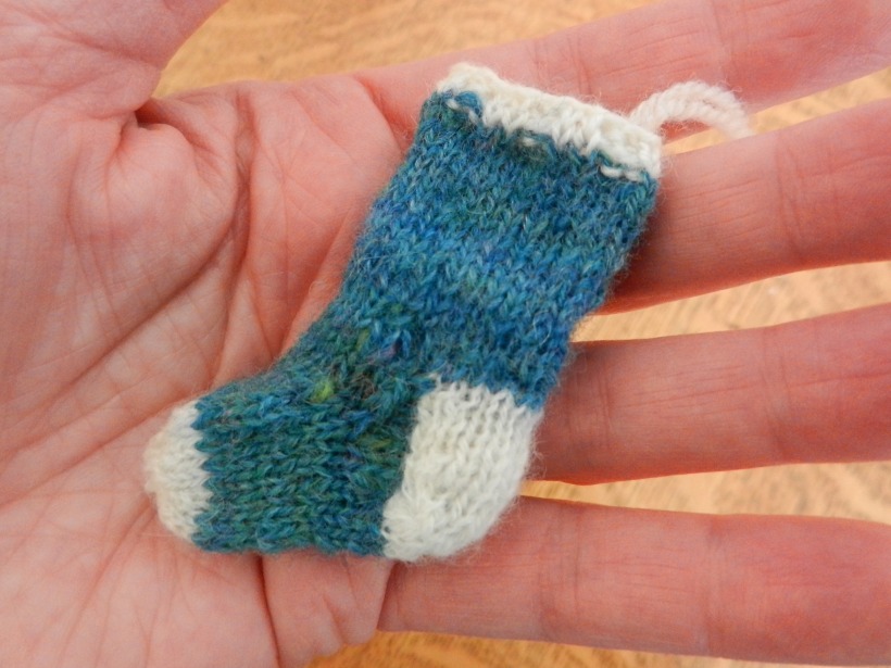 tiny knitted blue and white stocking christmas ornament
