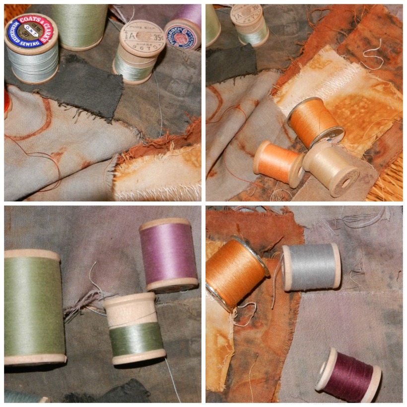 Charcoal, lavender, taupe, olive, and rust-colored naturally dyed fabric samples with orange, taupe, and burgundy, and olive thread.